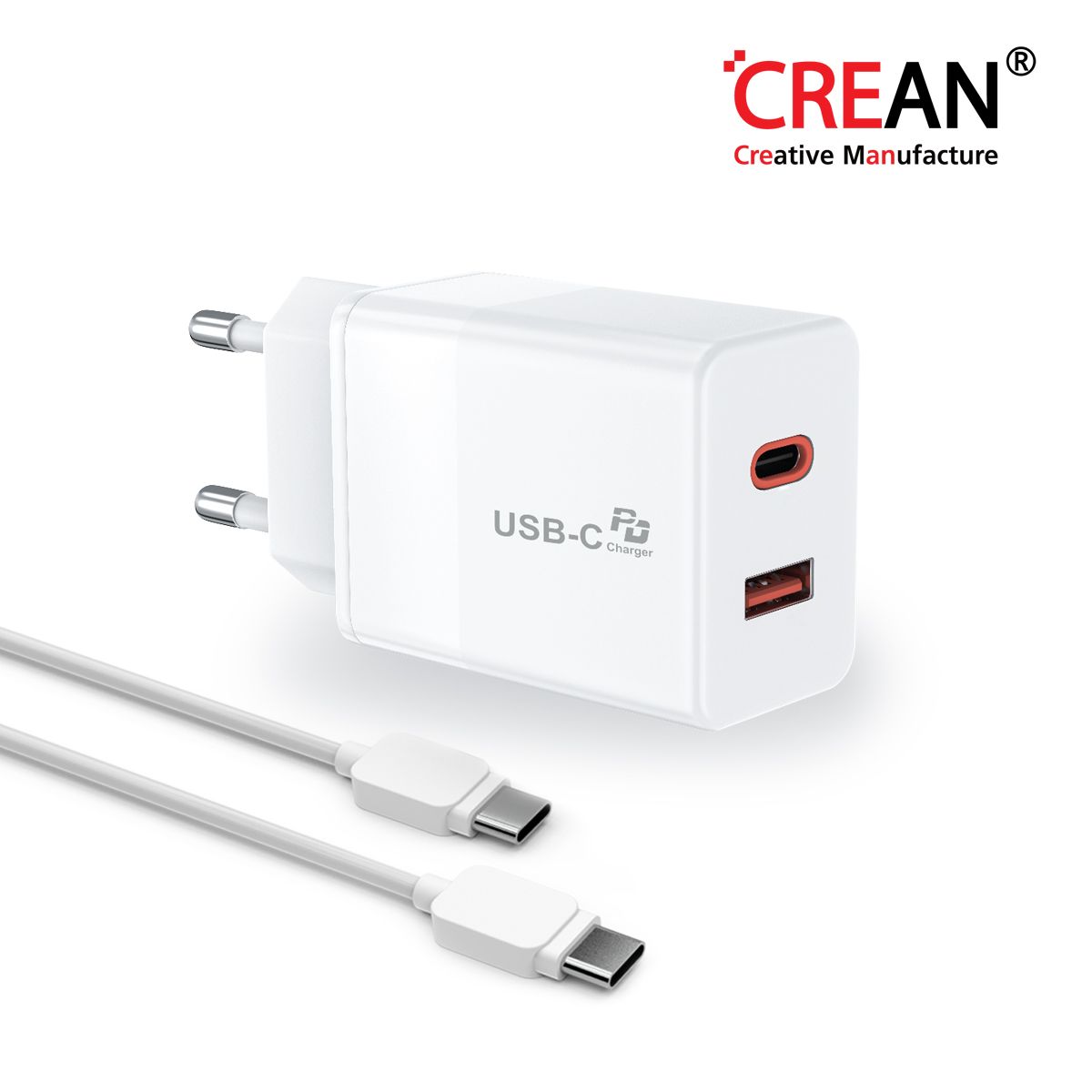크레앙(CREAN) 25W 2포트 초고속 충전기 with C to C 케이블 (CREPD25W2PCC)