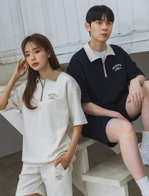 FELICITY 반집업 배색 카라 반팔 맨투맨 DLX3508 (4 COLOR)