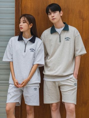 [SET] FELICITY 반집업 배색 카라 반팔 맨투맨 자수 밴딩 반바지 셋업