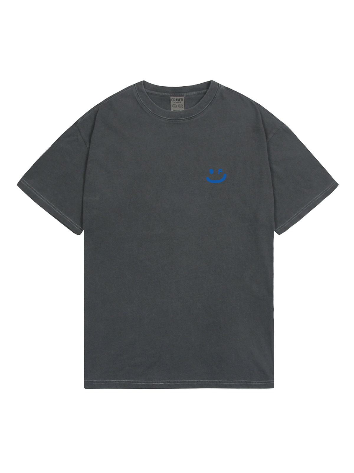 그레이버(GRAVER) [UNISEX]스몰 드로잉스마일 피그먼트 반팔티_블랙차콜/블루로고