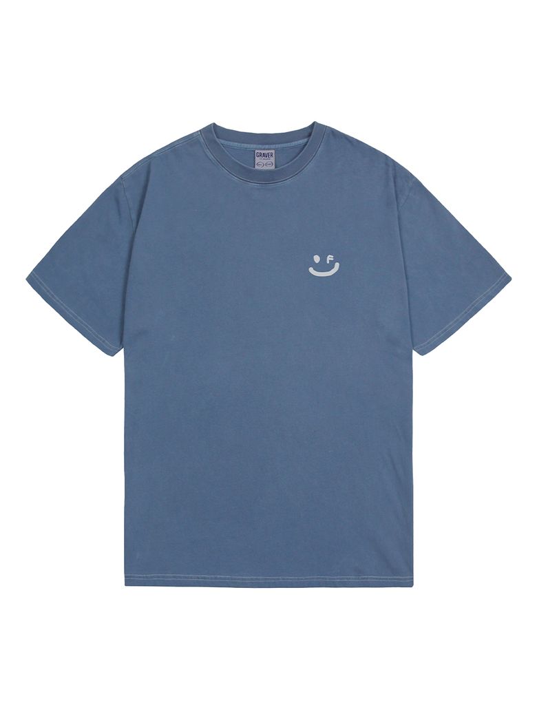 [UNISEX]스몰 드로잉스마일 피그먼트 반팔티_블루섀도우/그레이로고