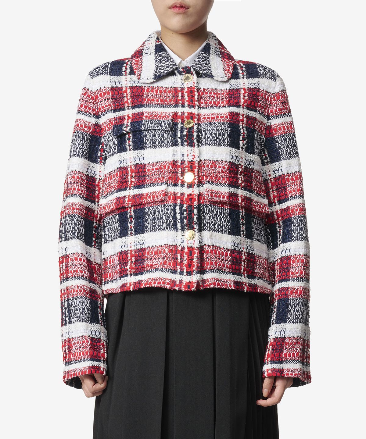 톰 브라운(THOM BROWNE) 마드라스 체크 셔닐 트위드 라운드 칼라 유틸리티 재킷 - 멀티컬러 / FBC835AF0244960
