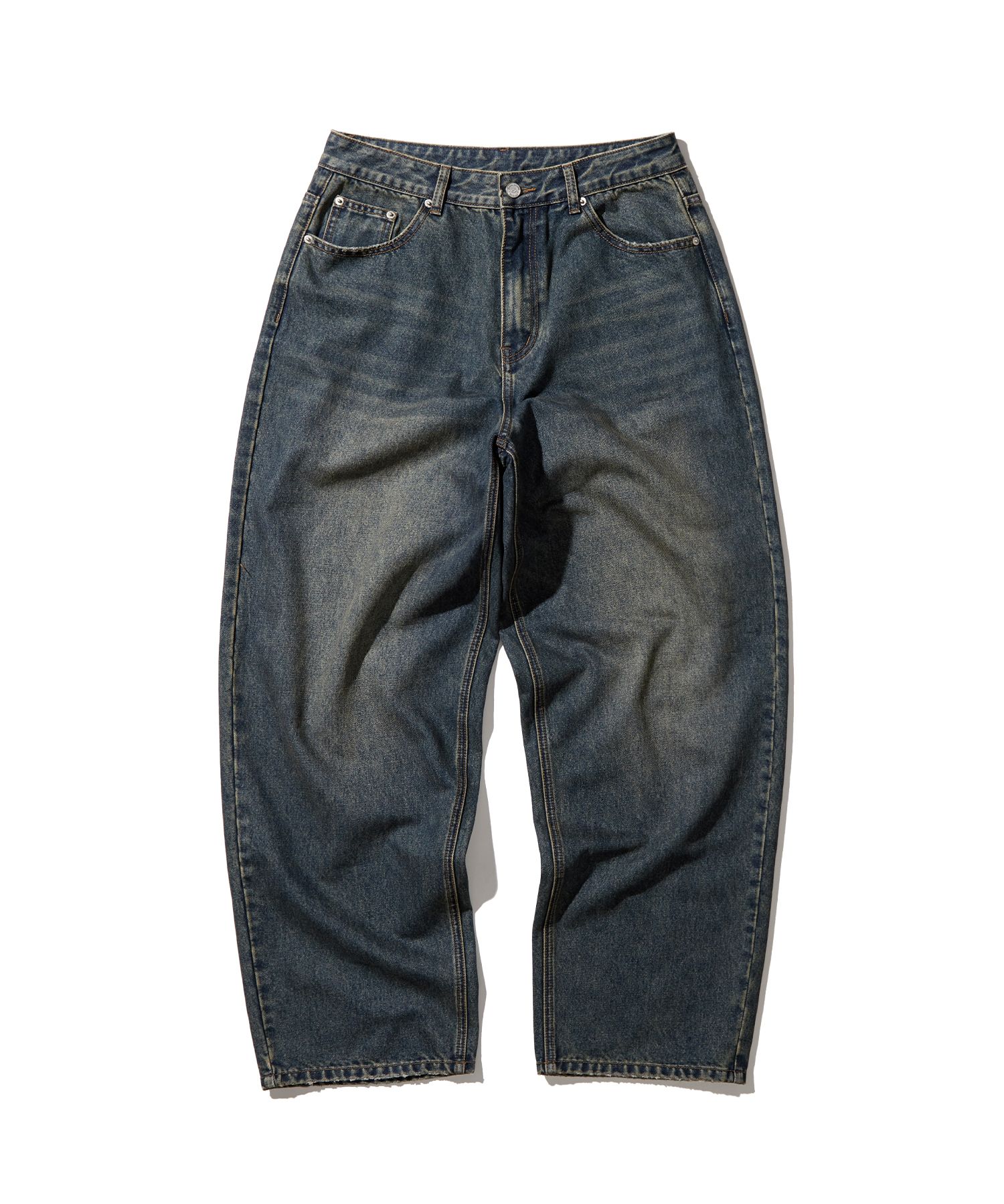 vintageバルーンデニムパンツミディアムブルー変形シルエット古着 