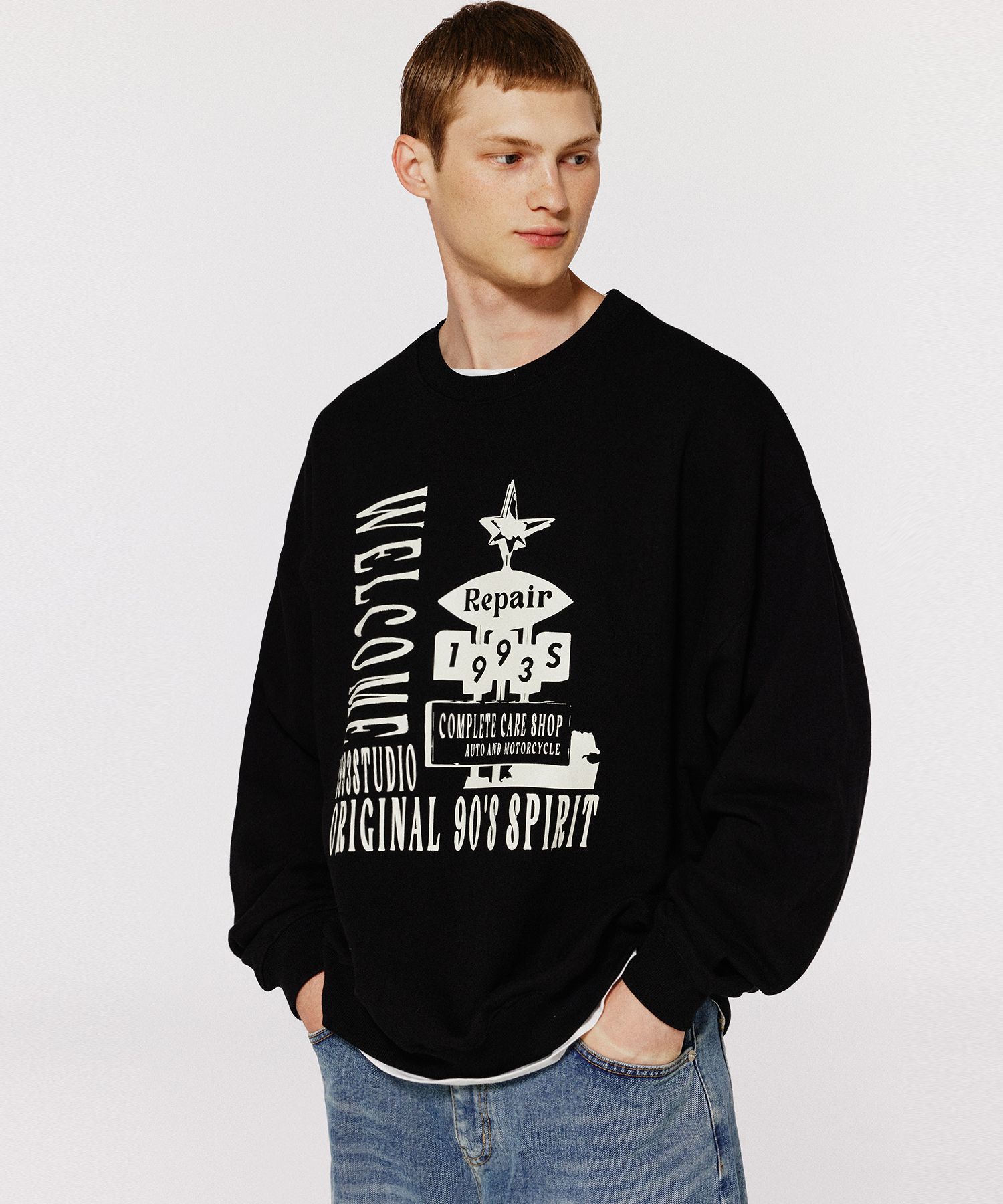 【1993studio】WELCOM REPAIR SWEATSHIRT /追跡付 MUSINSA | 1993STUDIO Welcome repair sweatshirt_black