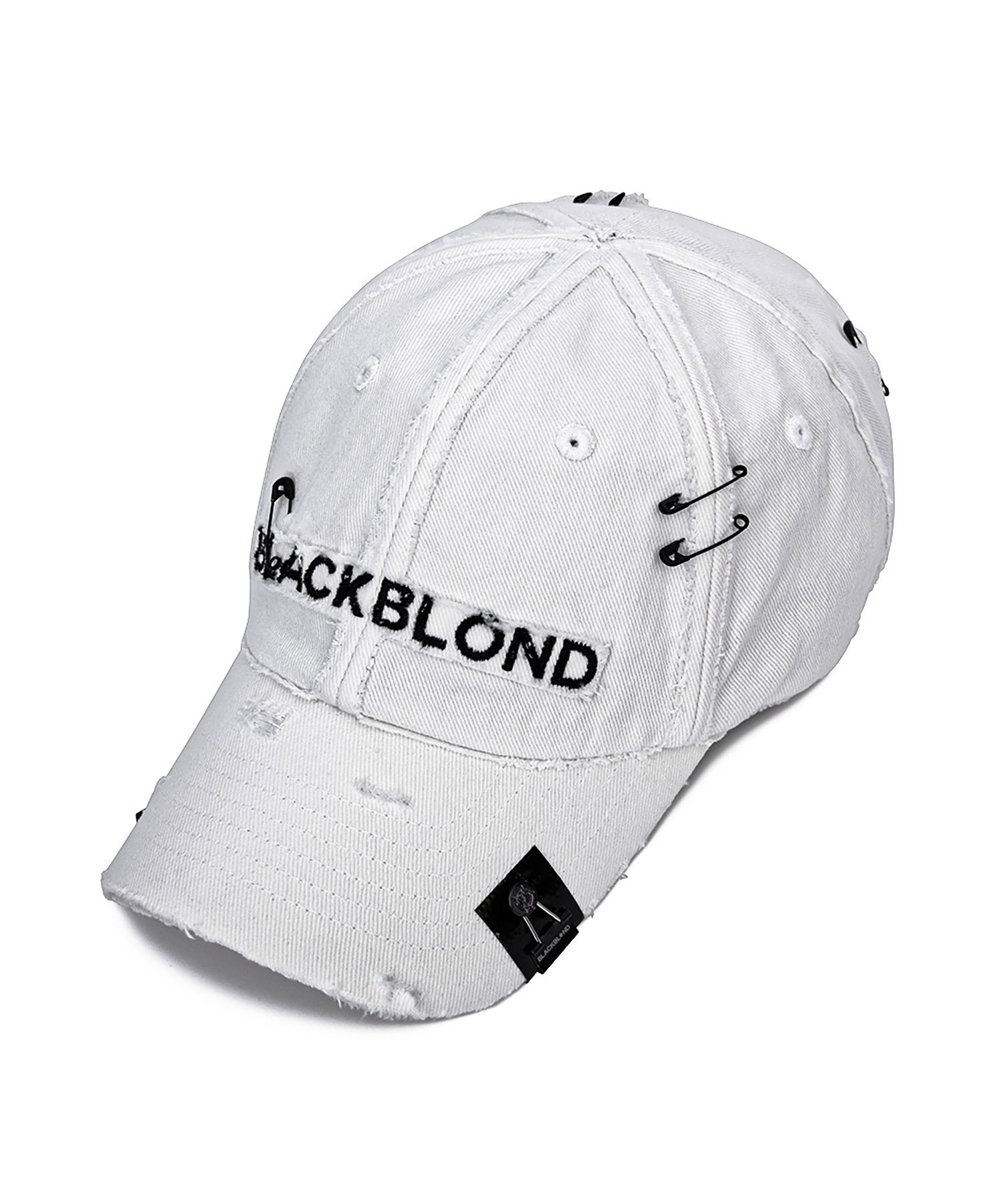 MUSINSA | BLACKBLOND Vivid Cross Damage Custom Denim Cap (White)