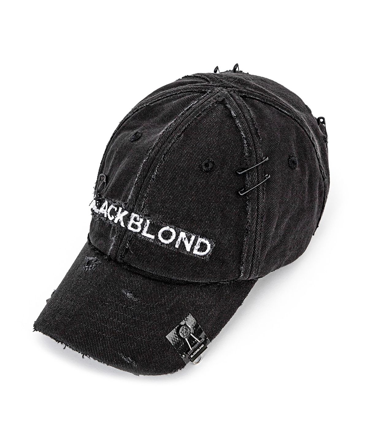 블랙블론드(BLACKBLOND) 비비디 크로스 데미지 커스텀 데님 캡 (블랙)