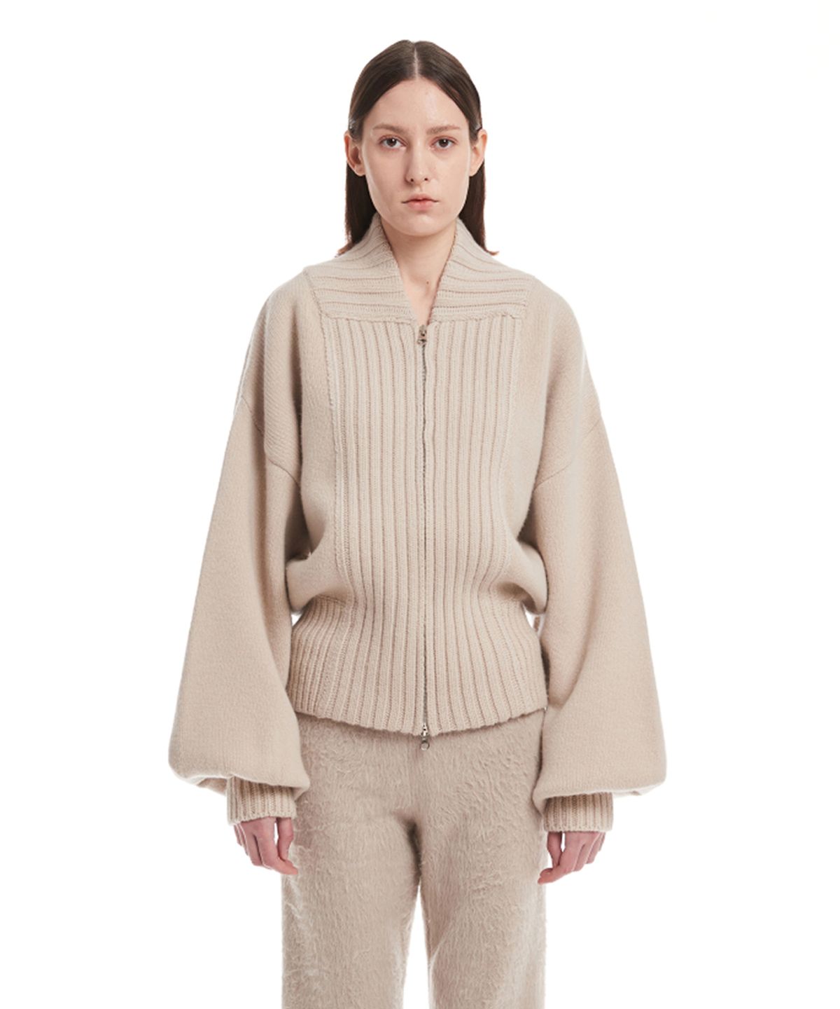 트렁크프로젝트(TRUNK PROJECT) Beige Bomber Zip-Up Knit Cardigan