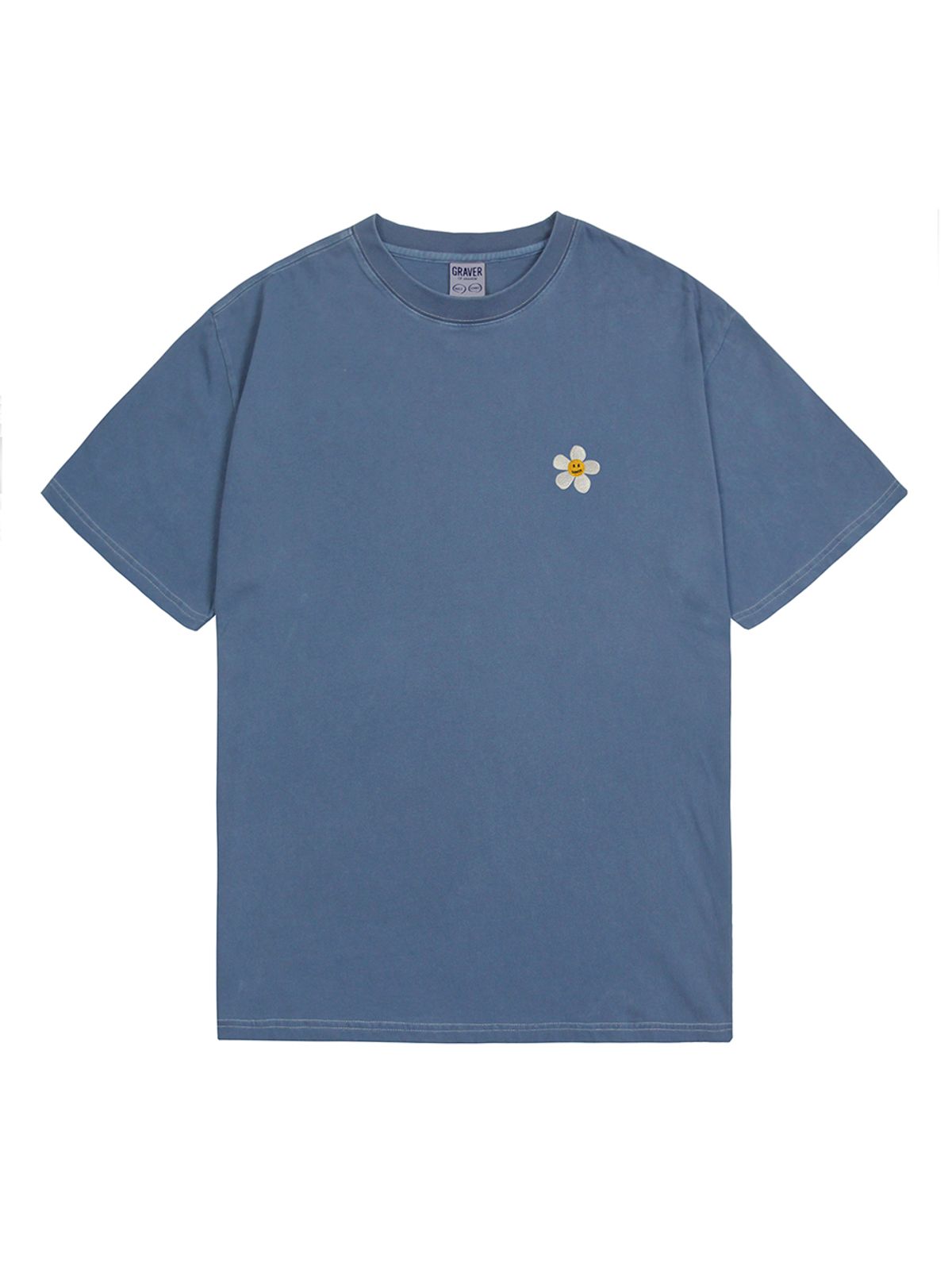 그레이버(GRAVER) [UNISEX]플라워 스마일로고 자수 피그먼트 반팔티_블루섀도우