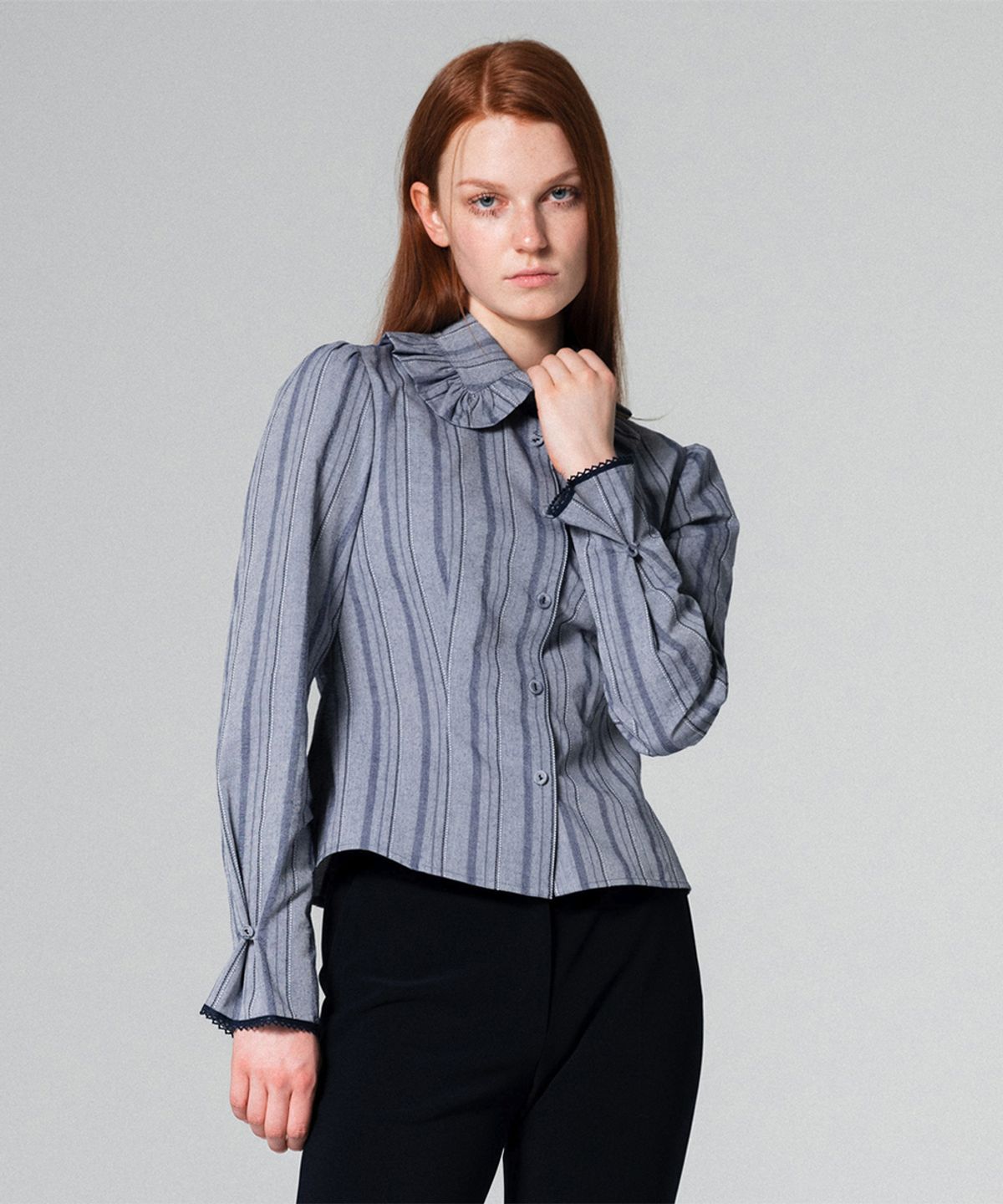 워브먼트(WOVEMENT) Frill collar lovely blouse STRIPE WBCFTP005ST