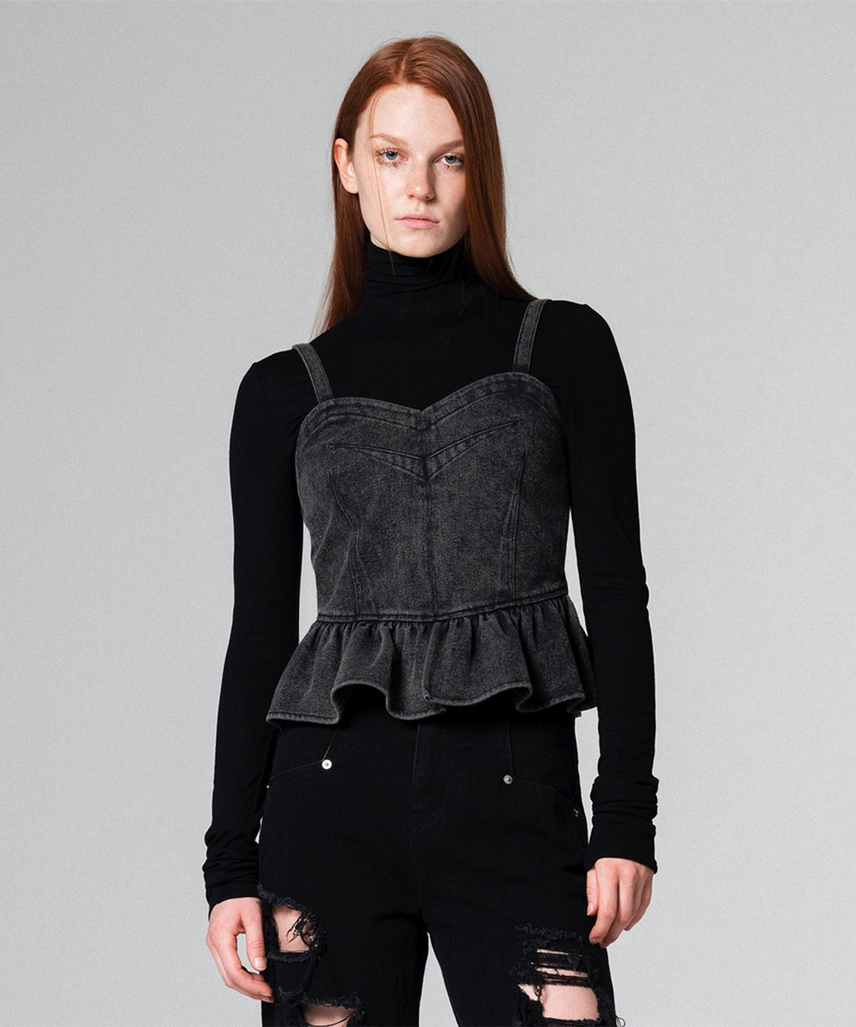 워브먼트(WOVEMENT) Two-way denim bustier top BLACK WBCFTP002BK