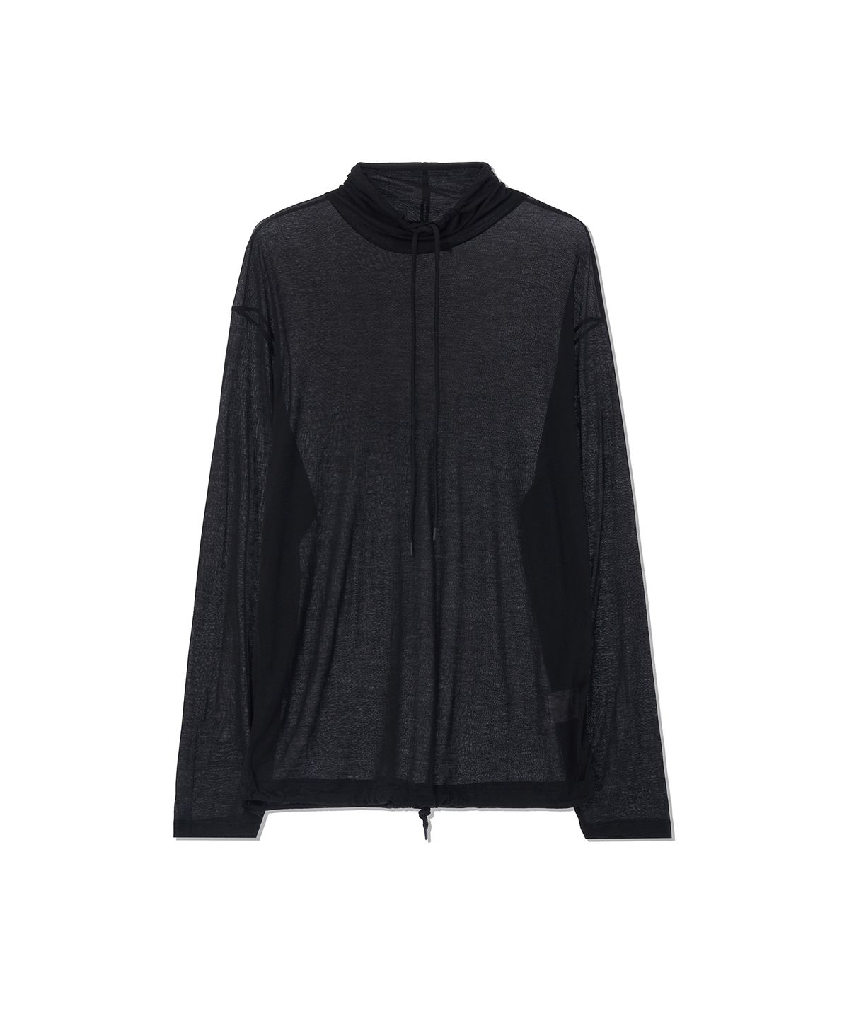 슬로우가먼츠(SLLOW GARMENTS) HIGH NECK STRING LONG-SLEEVED SEE-THROUGH T-SHIRT - BLACK