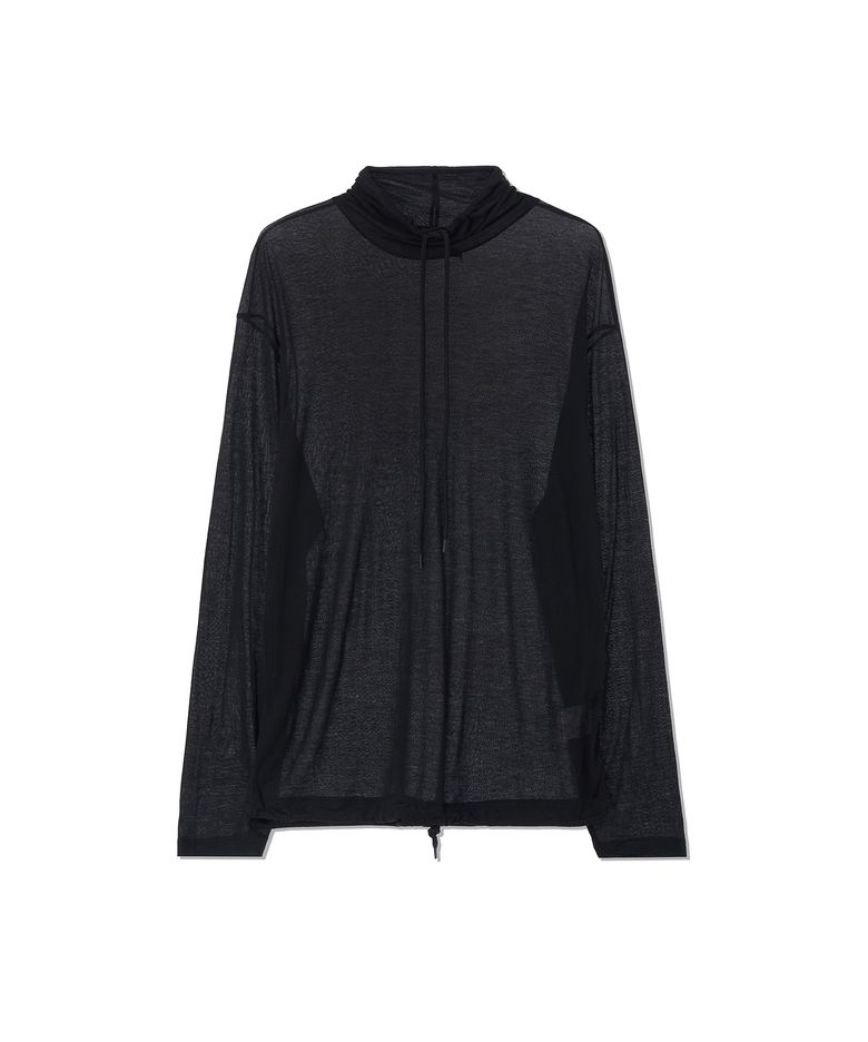 HIGH NECK STRING LONG-SLEEVED SEE-THROUGH T-SHIRT - BLACK