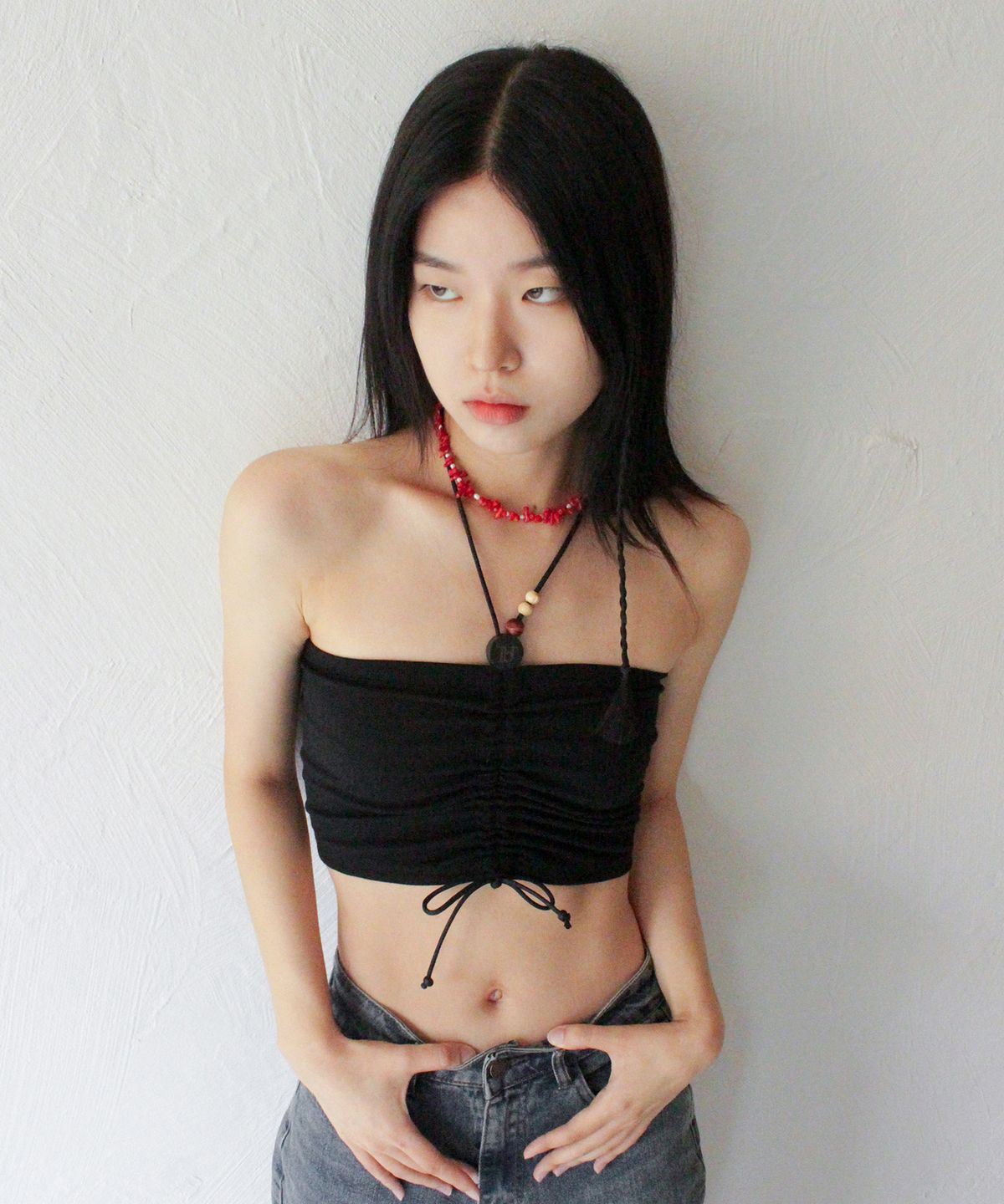 루바티(RUBATI) Wooden Beads Tube Top (BLACK)