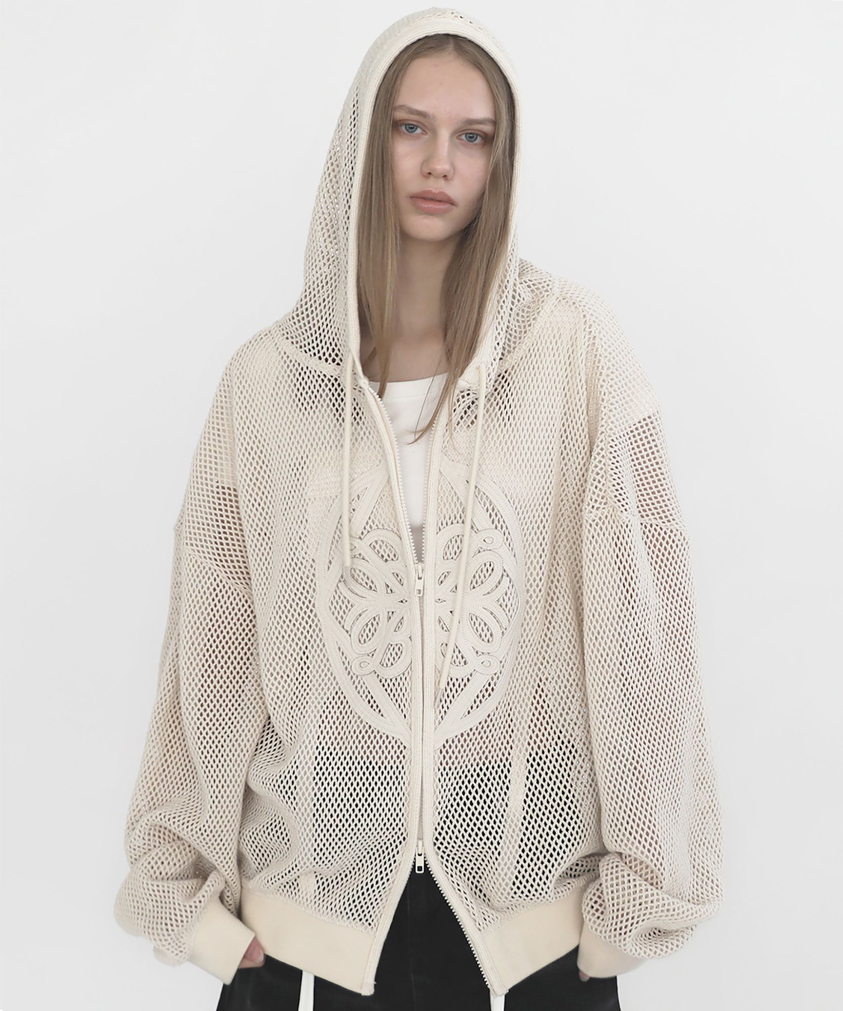 MUSINSA | BADBLOOD Fleur Crochet Knit Hood Zip-up Large Fit - Cream