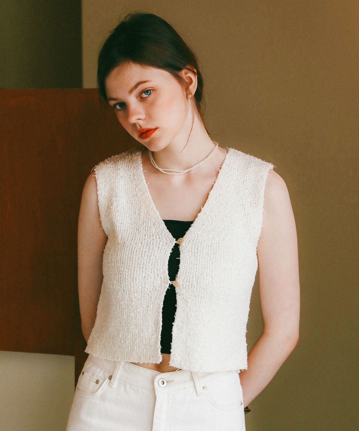 로시로우(LOSSYROW) Bookle Open Knit Vest Beige
