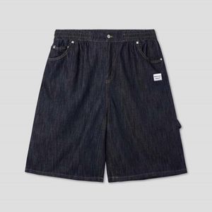 포켓 라벨 린넨 데님 버뮤다 하프 팬츠_다크블루
