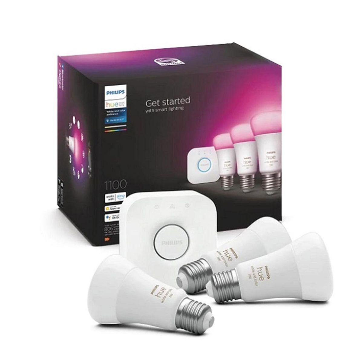 필립스 휴(PHILIPS HUE) 휴 화이트&컬러 앰비언스 스타터킷 1100 루멘 전구3개 브릿지1개 패키지