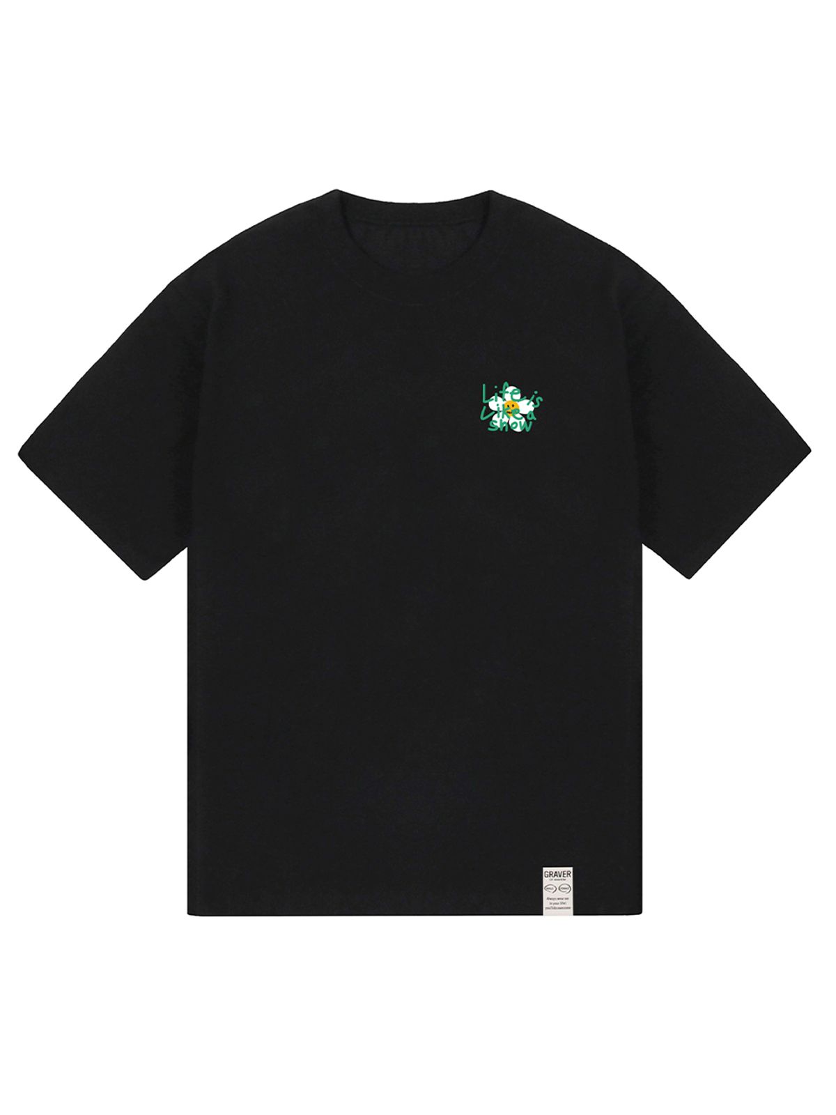 그레이버(GRAVER) [UNISEX]드로잉 레터 플라워 반팔티_블랙/그린 로고
