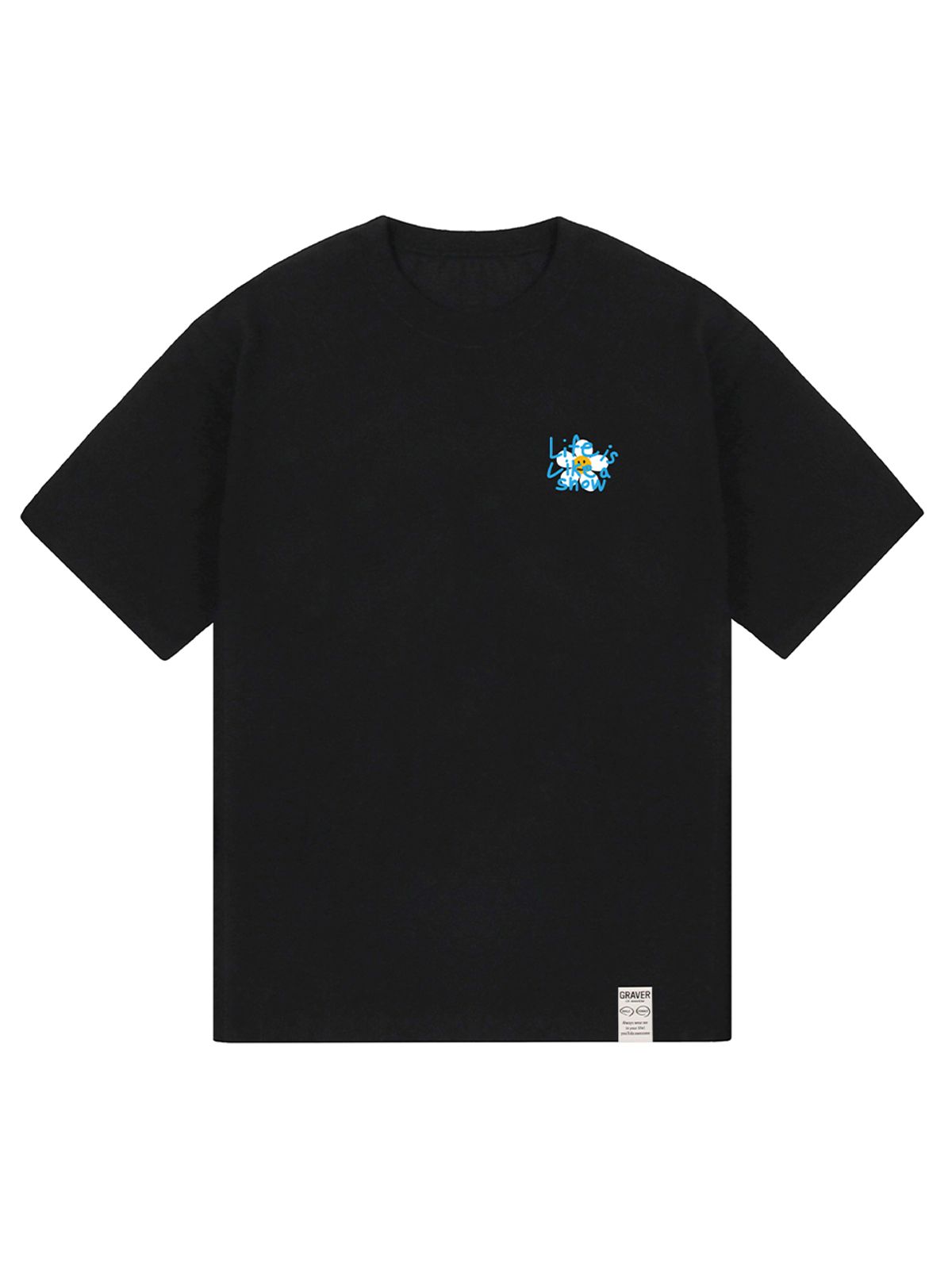 그레이버(GRAVER) [UNISEX]드로잉 레터 플라워 반팔티_블랙/블루 로고