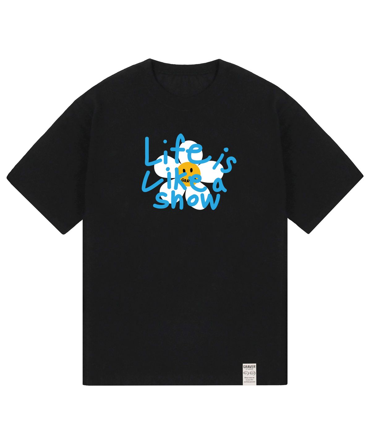 그레이버(GRAVER) [UNISEX]빅 드로잉 레터 플라워 반팔티_블랙/블루 로고