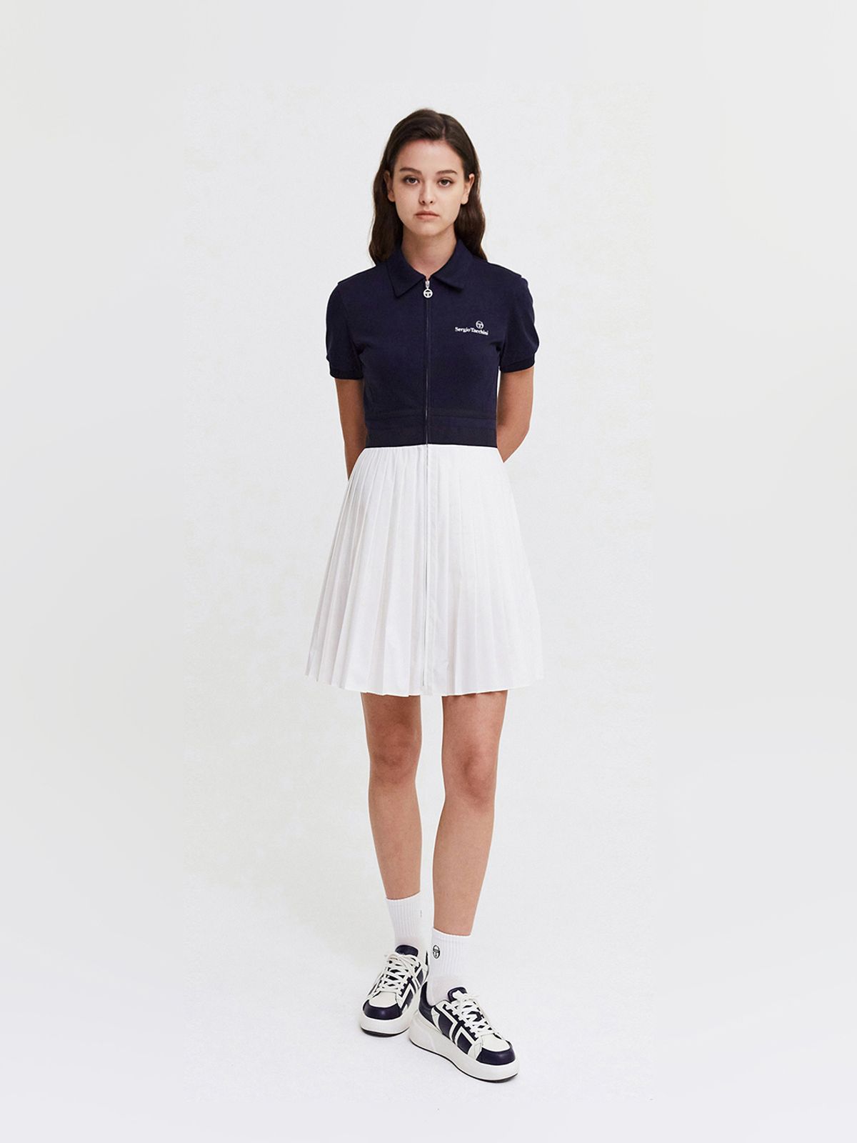 세르지오 타키니(SERGIO TACCHINI) W 다마린도 저지우븐믹스 풀집 반팔 드레스 (Navy)