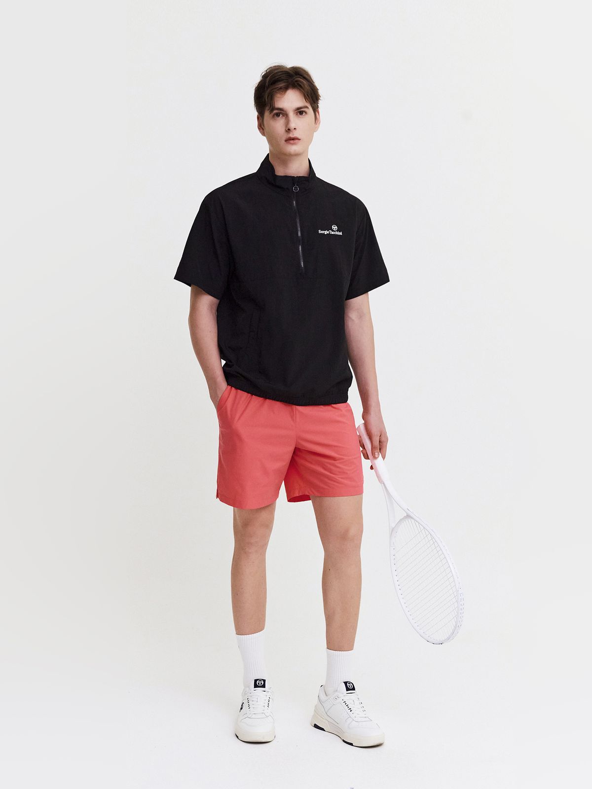 세르지오 타키니(SERGIO TACCHINI) M 크루 우븐 하프집 반팔 아노락 (Black)