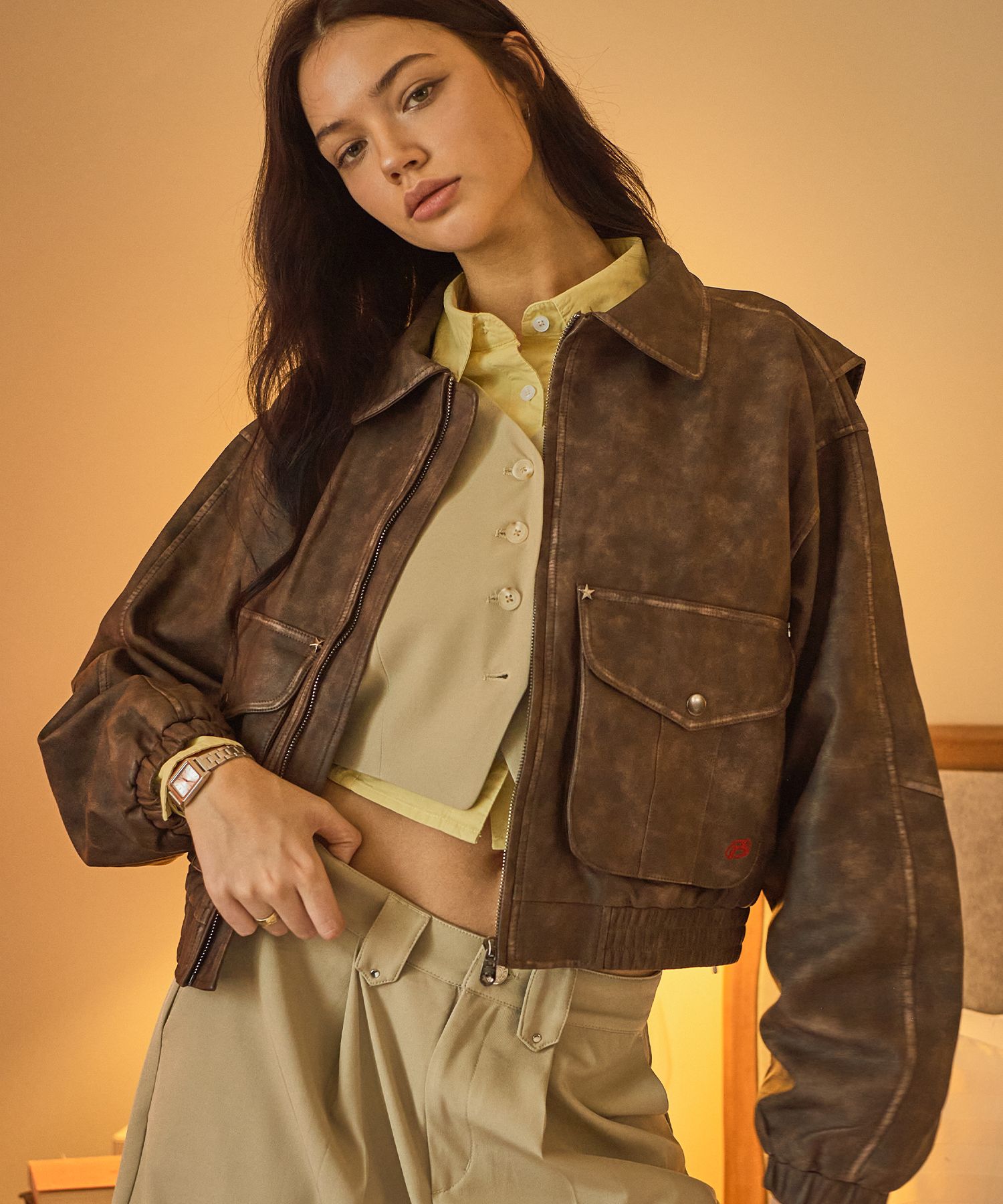 MUSINSA | BITTERCELLS Star Leather Jacket (Washed) (Crop Fit