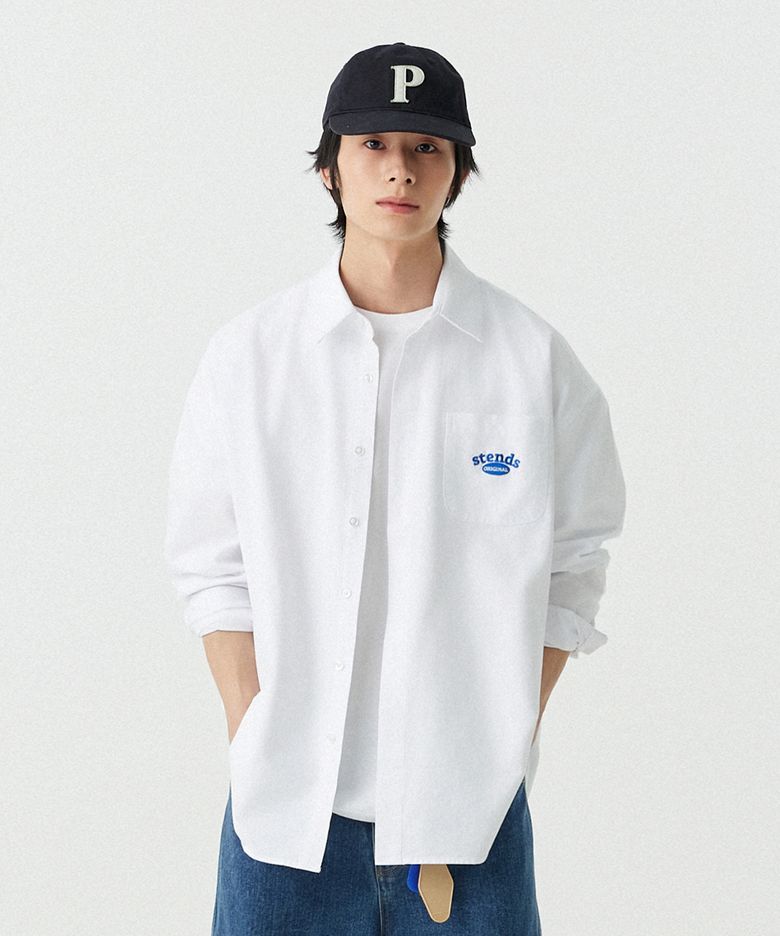 [M~4XL] 아치 로고 옥스포드 워싱 셔츠_화이트