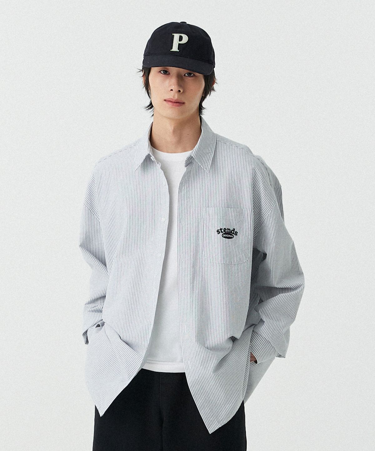 스탠즈(STENDS) [M~4XL] 아치 로고 옥스포드 워싱 셔츠_스트라이프 블랙