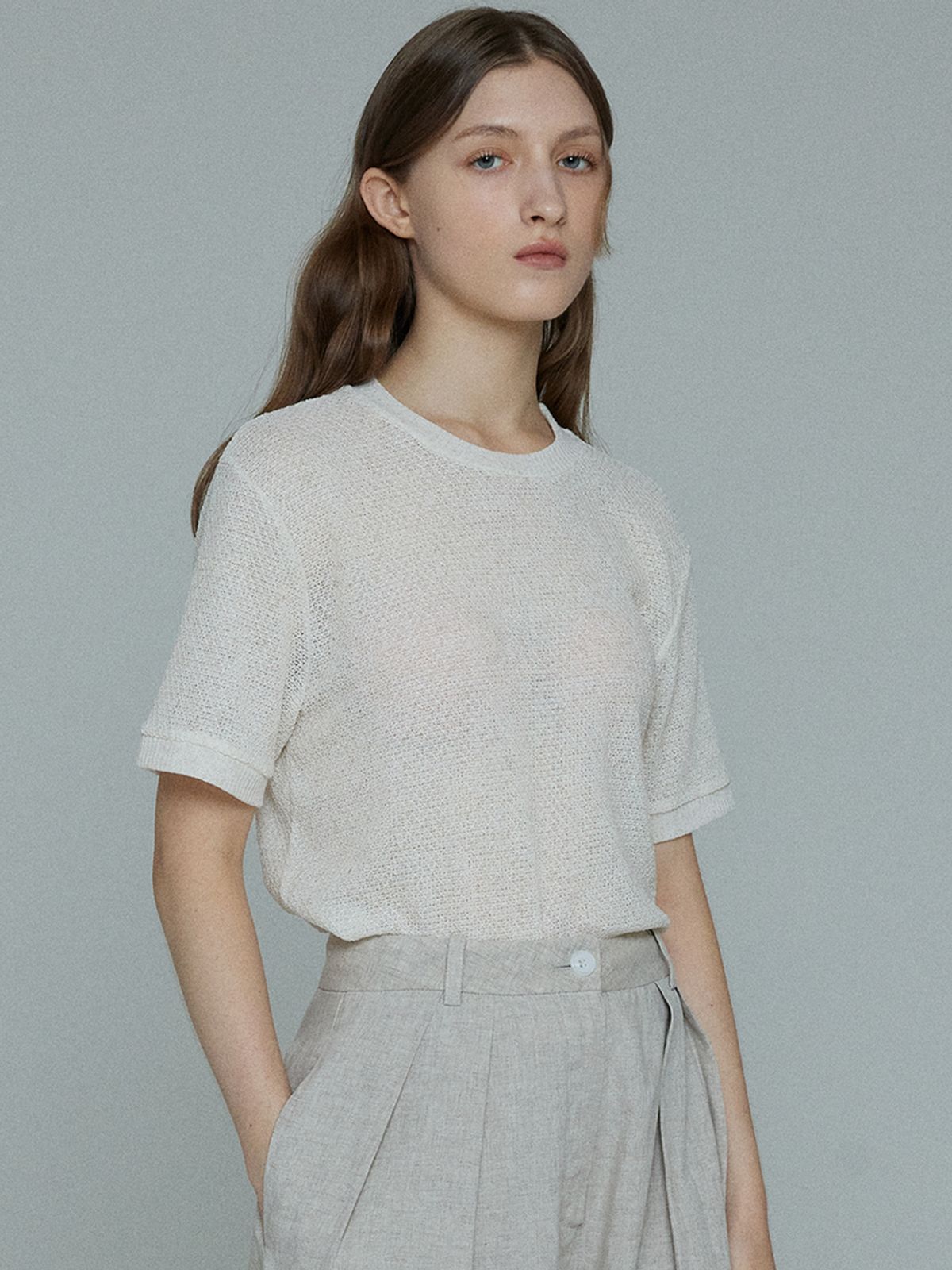 레이에(LEIE) JOLLY LINEN ARGYLE TEXTURE HALF SLEEVE KNIT (OATMEAL)