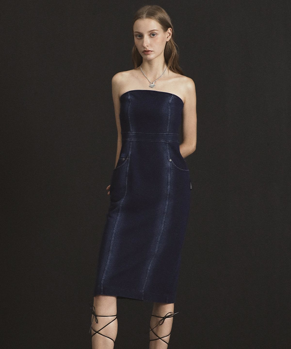 프렌다(PRENDA) DENIM TERRY TUBE DRESS MID BLUE