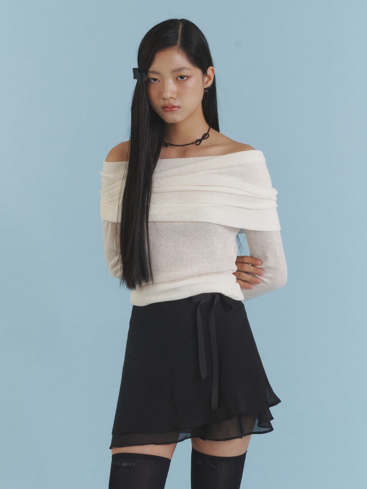 러브미몬스터(LOVE ME MONSTER) Love Ribbon Sheer Layered Wrap Skirt_BK