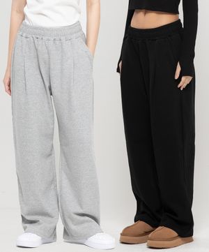 [2pack]포인트 로고 핀턱 와이드 스웨트 팬츠