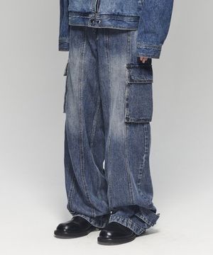 HEM BUTTON UTILITY CARGO DENIM PANTS BLUE