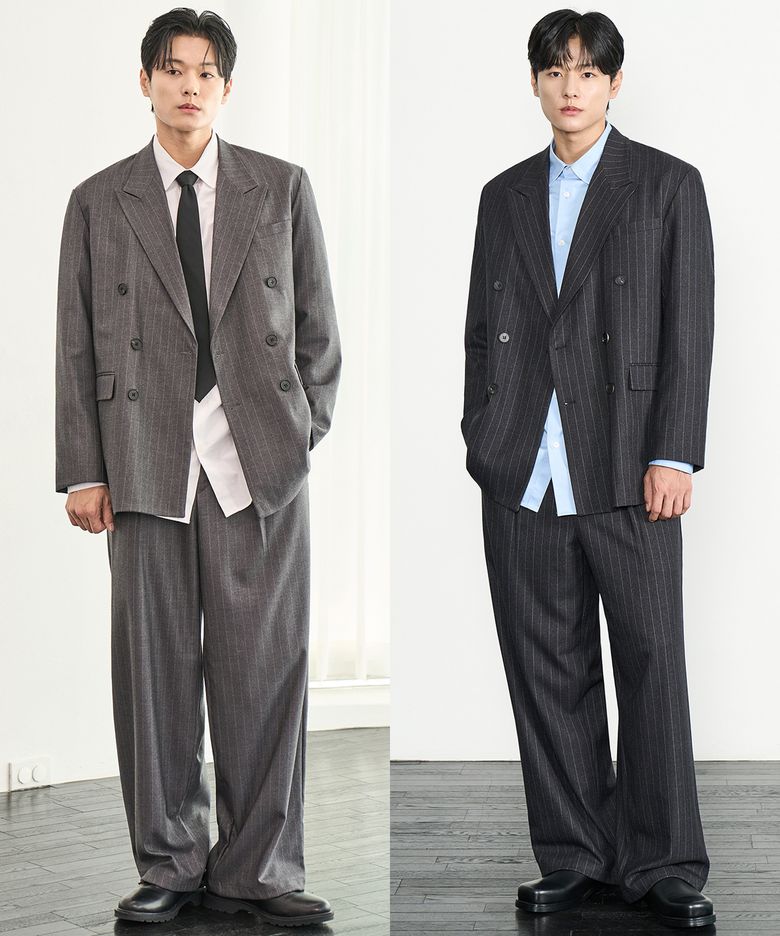 스트라이프 더블 블레이저 셋업
