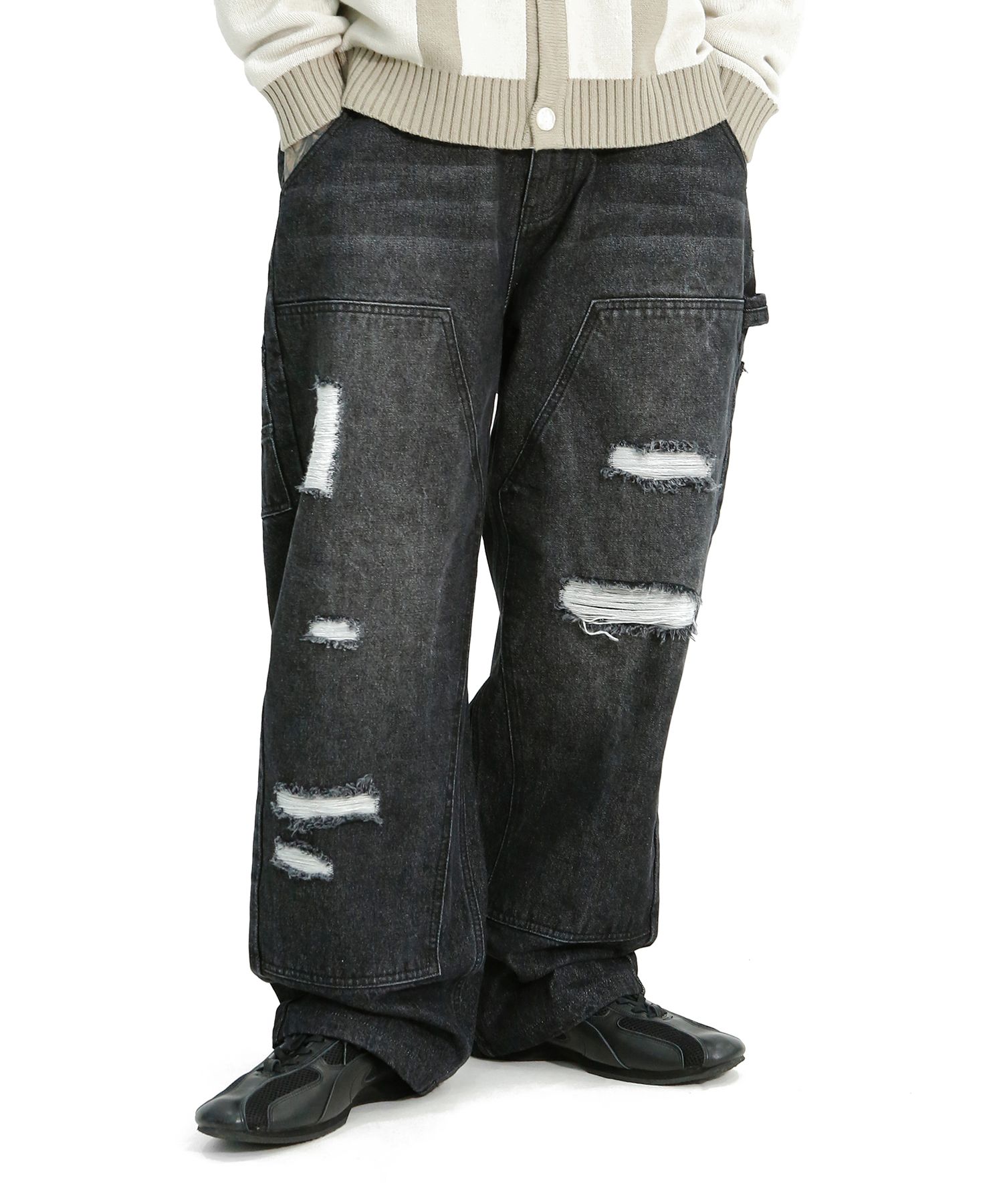 パンツ XTONZ XP165 Carpenter Damaged Washed Denim Pants BLACK xp165 MUSINSA | XTONZ XP165 Carfender Damage Wash Denim Pants (BLACK)