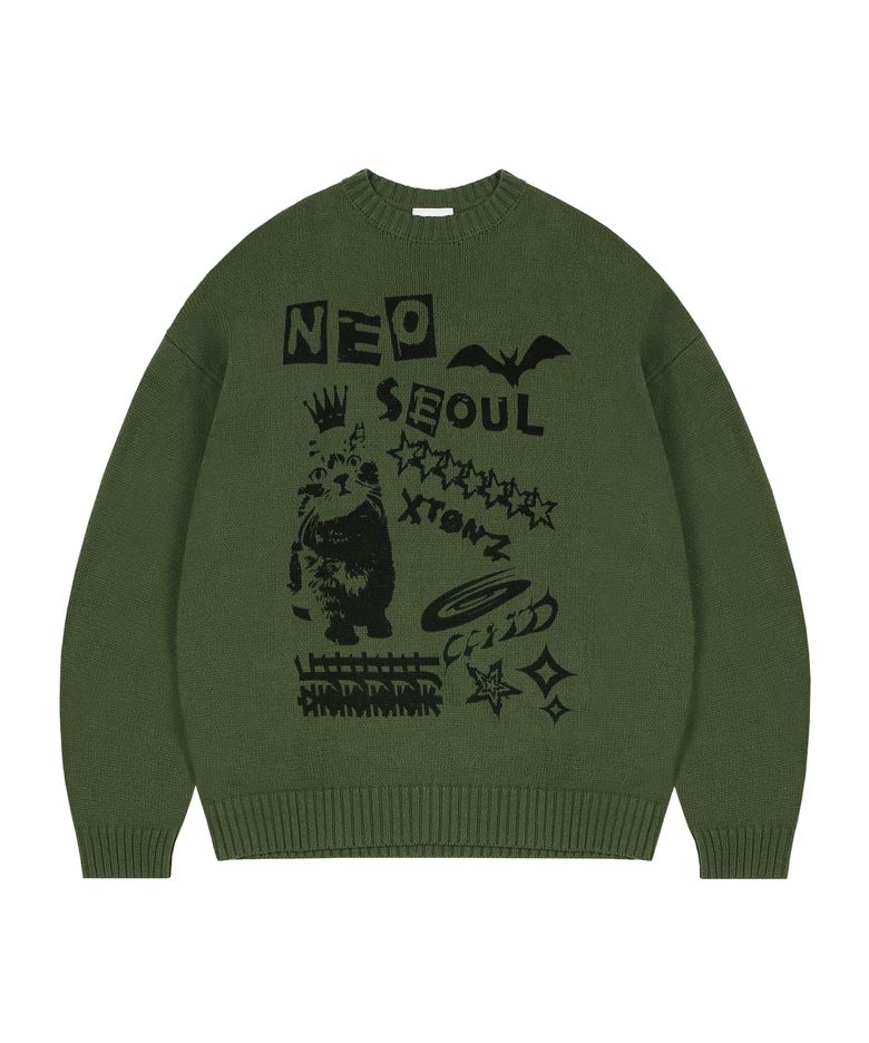 [송필드콜라보] XF002 캣 월드 풀오버 니트 (KHAKI)