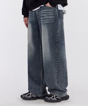 이지 와이드 데님 팬츠 빈티지 워시드 블루