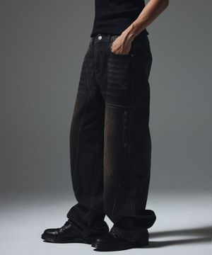 절개 워싱 데님 팬츠 블랙