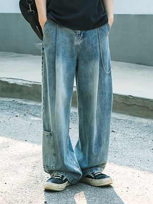 원턱 와이드 카펜터 데님 팬츠 [블리치드 블루]