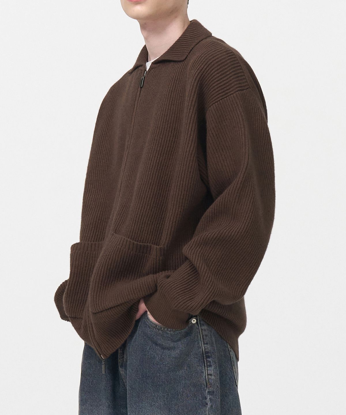 토피(TOFFEE) 카라 투웨이 집업  니트 (BROWN)