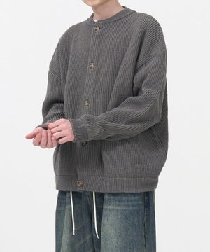 오버핏 라운드넥 니트 가디건 (GREY)