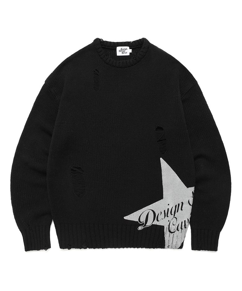 W DAMAGED STAR KNIT CREWNECK BLACK(CV2DFFK601A)