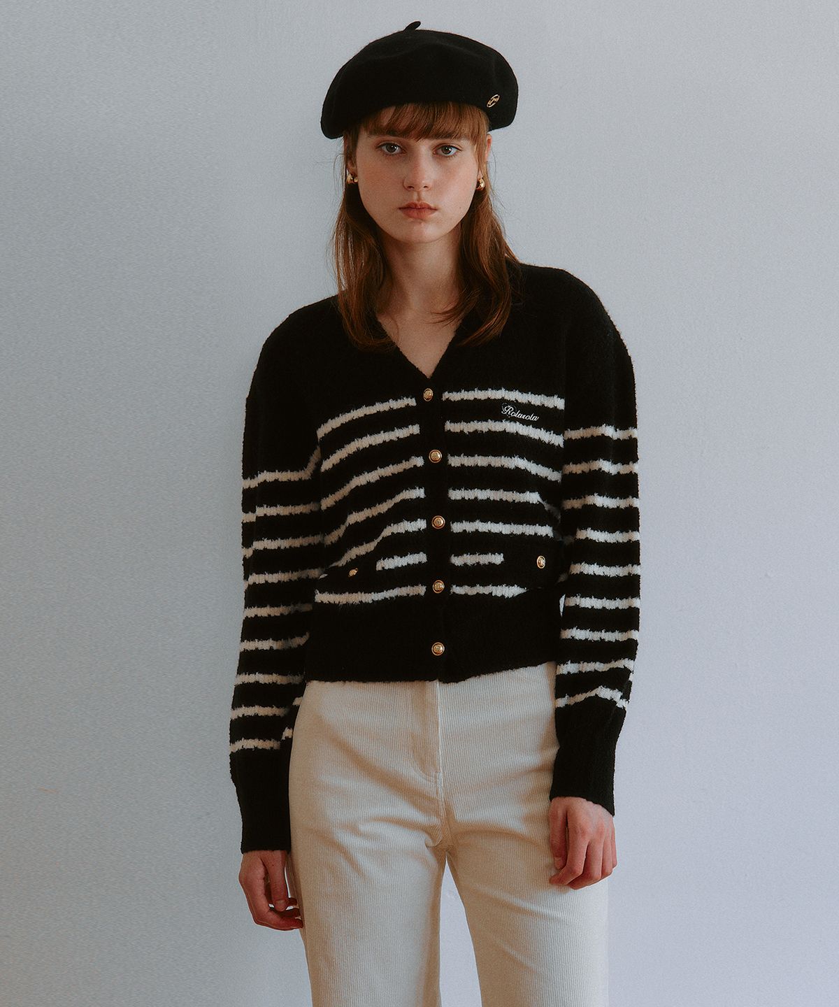 로라로라(ROLAROLA) WOOL BLENDED STRIPE CARDIGAN BLACK