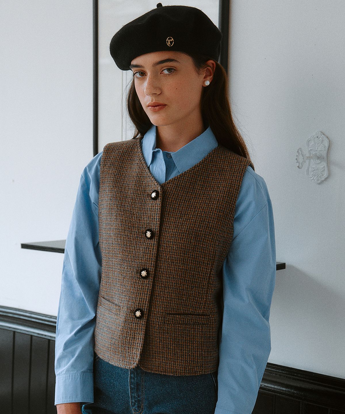 로라로라(ROLAROLA) CHECK SINGLE VEST BEIGE