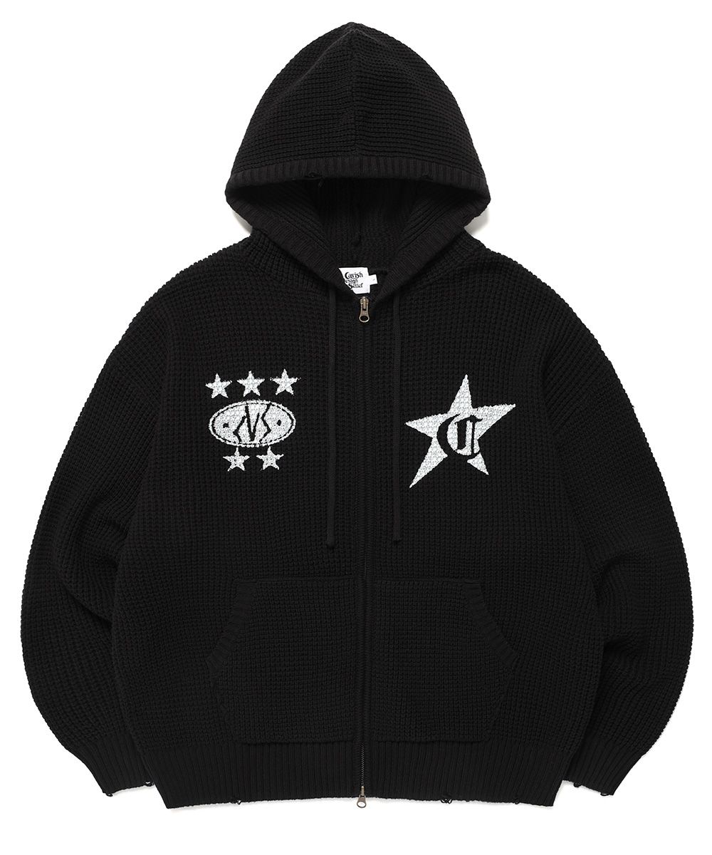 MUSINSA | CAVISH DAMAGED KNIT ZIP UP HOODIE BLACK(CV2DFUK681A)