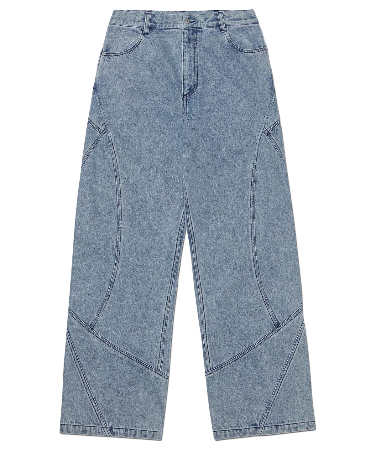 노매뉴얼(NOMANUAL) CURVED LINE DENIM PANTS - WHITE BLUE