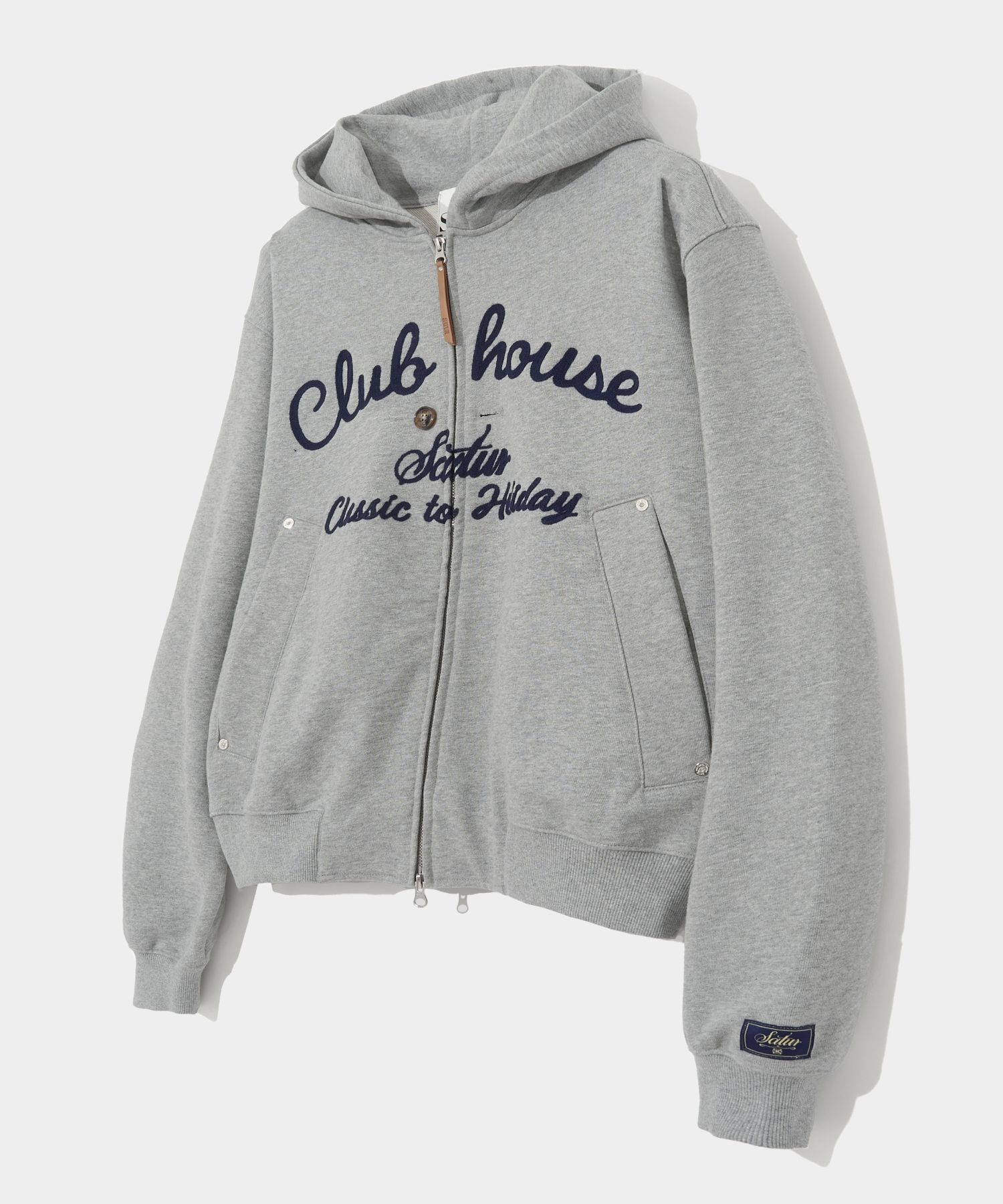 ★人気★【SATUR】★Club House Lettering Hoodie ZIp-U.p★ MUSINSA | SATUR Club House Lettering Hood Zip-up Melange Gray