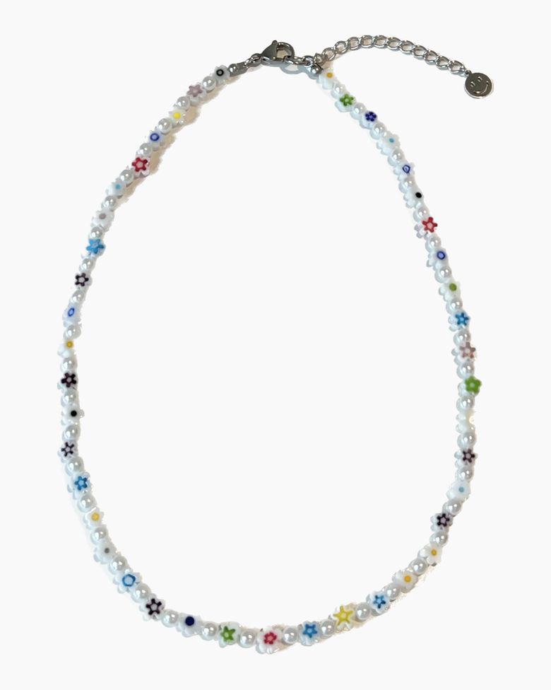 Flower pearl mix biz necklace[화이트]