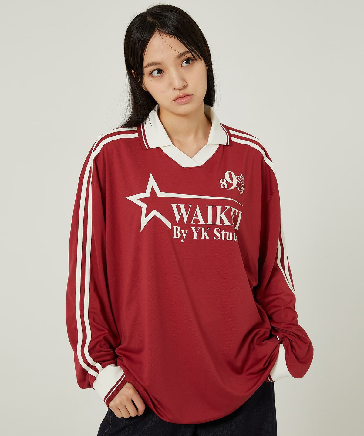 와이케이(WAIKEI) 스타 로고 카라 져지 롱슬리브 티셔츠 레드